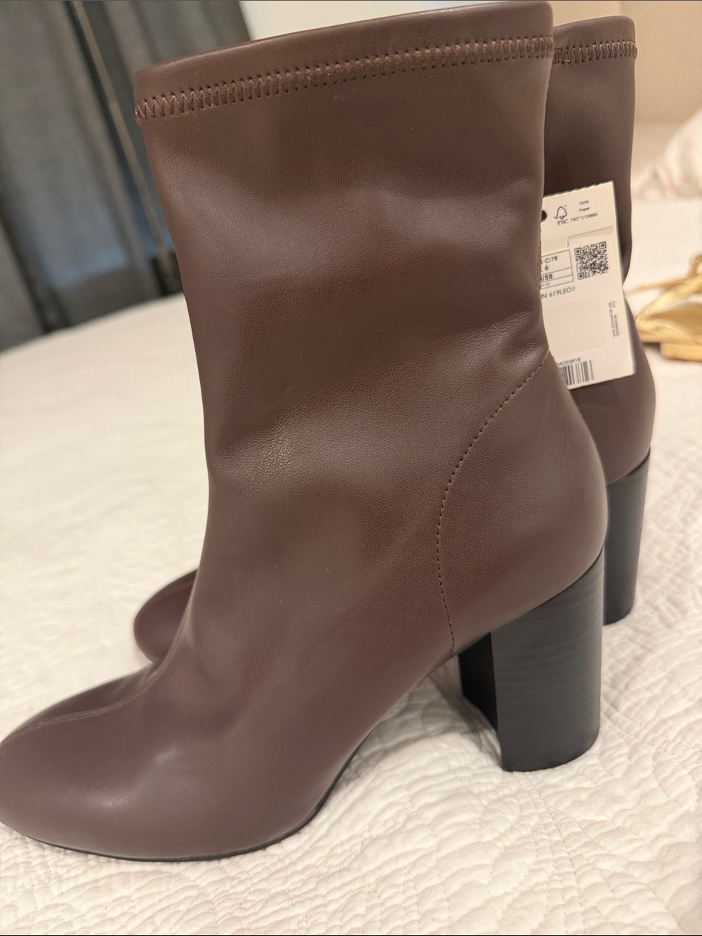 Mango Chocolate Brown Mid-Calf Block Heel Boots